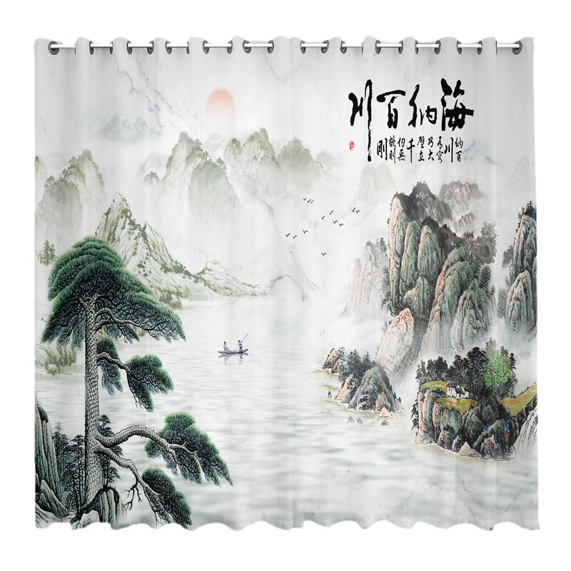 新中式水墨山水画窗帘风景纱帘