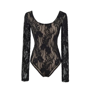 欧美风圆领蕾丝连体衣女秋季外穿浮雕镂空紧身性感打底衫连裆上衣