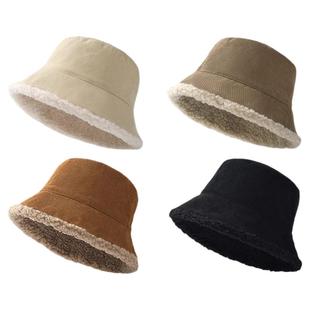 2025新款羊羔毛渔夫帽子女秋冬季保暖毛绒帽显脸小盆帽黑色骑行