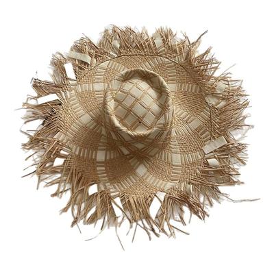 拉菲草拼布混编大檐草帽凹造型帽