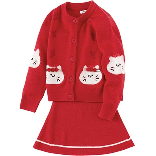 巴拉巴拉女童裙子套装春秋新款小童宝宝洋气拜年服红色针织衫外套