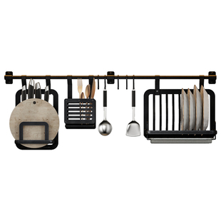厨房黑色置物架壁挂式免打孔收纳碗碟锅盖架刀架调料架一体挂杆架