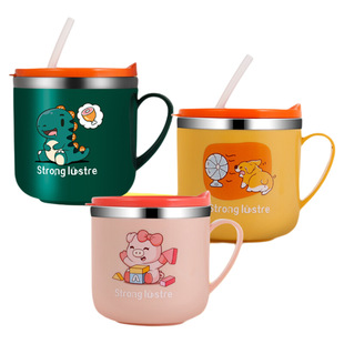 儿童水杯家用不锈钢防摔带刻度吸管奶瓶喝奶喝饮水杯子宝宝牛奶杯