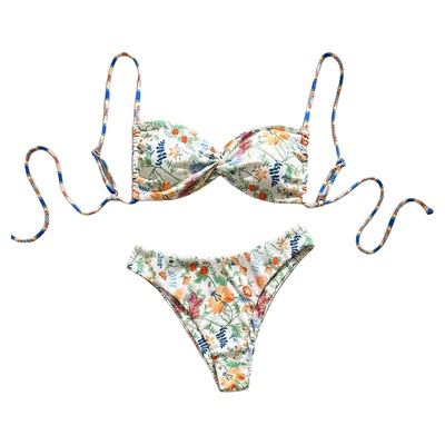 Low neck floral lace up split bikini低领碎花系带分体比基尼女