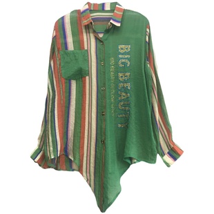 2025新款时尚皱皱下摆系带衬衫女春秋烫钻打结宽松显瘦印花上衣潮