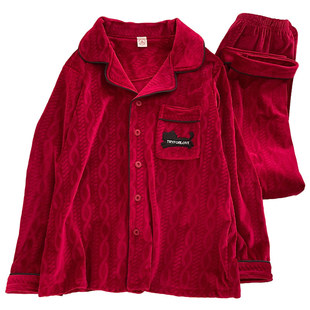 男童红色海岛绒薄绒睡衣儿童喜庆男女孩珊瑚绒保暖家居服两件套装