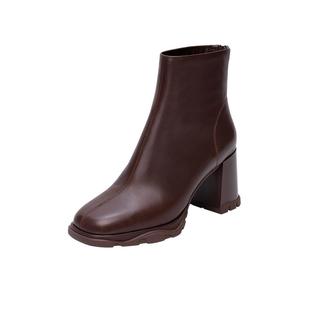 马内尔真皮短靴女2025冬季新款加绒保暖高跟不磨脚马丁靴时尚百搭