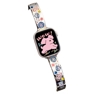 适用applewatchS11/10滴胶星星金属表带iWatch9/876星球涂鸦手镯款不锈钢腕带SE苹果手表ultra高级感链条夏女