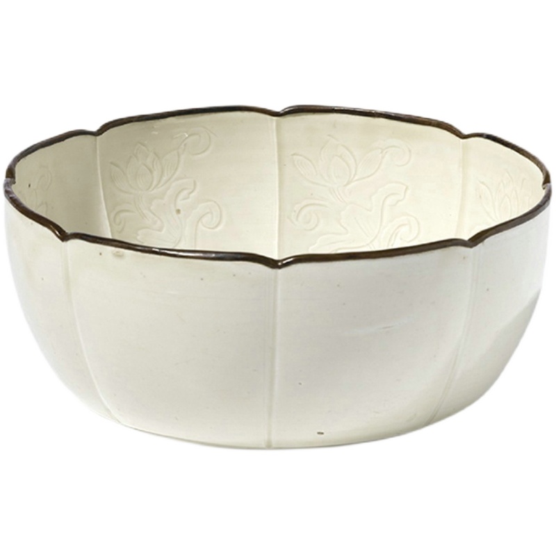 煮雪定窑仿古釉煤烧刻划花八楞大碗苏富比拍卖会收藏级定瓷珍品