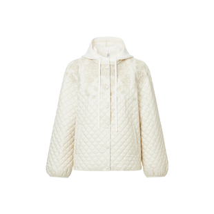 VGRASS25冬新款定位仿手绣叠珠绣菱格绗缝轻盈可拆卸针织帽短外套