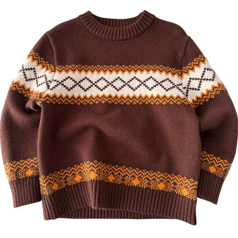 蓬松柔软 不扎皮肤~男童菱形格印花套头毛衣儿童时尚圆领针织衫