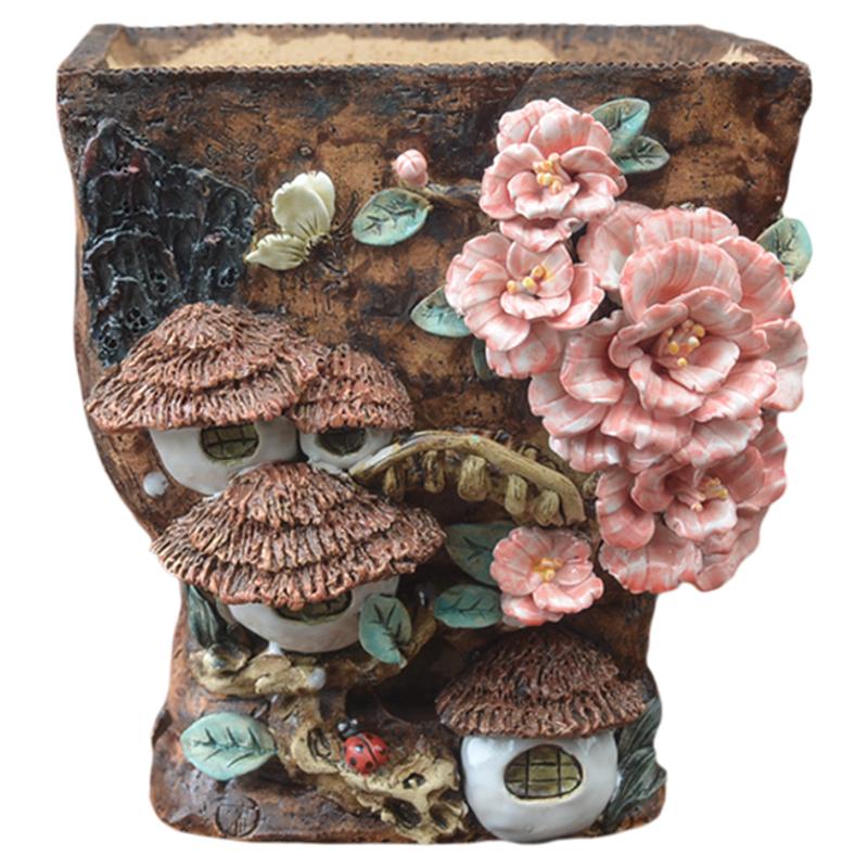 青藤花器手工粗陶大口径方形孤品
