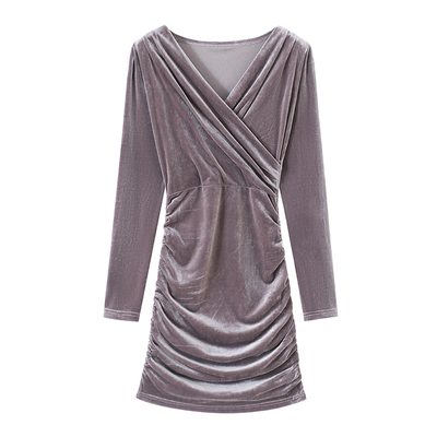 交叉V领性感丝绒连衣裙褶皱遮肉