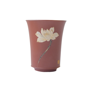 小谦山房泥绘荷花紫砂杯宜兴黄龙山原矿朱泥手工品茗茶杯功夫茶具