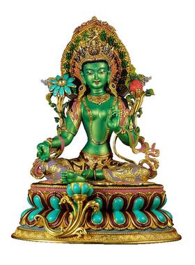 闯隆铜彩绘雕花绿度母铜雕像摆件