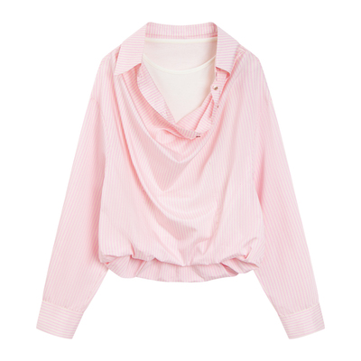 unnone item原创假两件天丝条纹荡领衬衣秋冬季长袖衬衫女