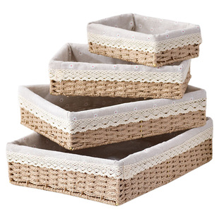 桌面收纳盒茶几杂物玄关钥匙编织收纳筐草藤编化妆品收纳篮储物盒
