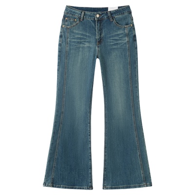 快鱼喇叭牛仔裤女2026春季新款中腰显瘦弹力辣妹小个子阔腿裤女裤