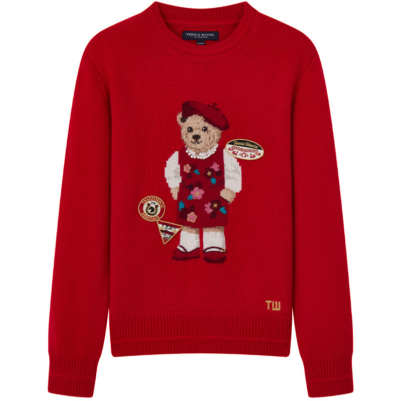 TeenieWeenie小熊女装毛针织衫26春新款新年氛围大熊提花圆领毛衣