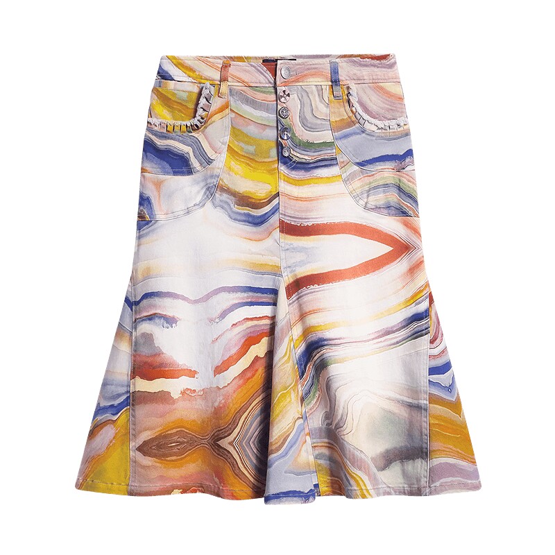 Desigual26秋冬新品玛瑙石纹渐变排扣A字短款半身裙