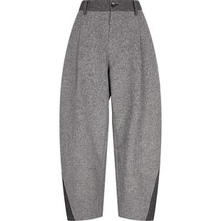 速写男装早春新款男士裤子宽松弯刀裤亚麻羊毛混纺撞色拼接潮流