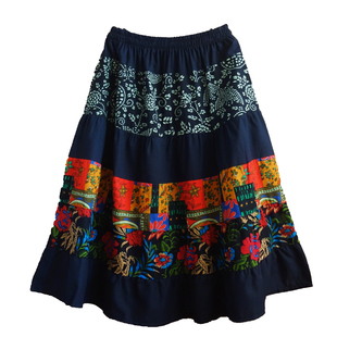 大码新款半身裙棉麻中裙花布拼接大摆松紧腰口袋民族风女装夏季