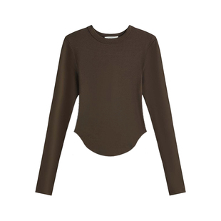 圆领打底衫女秋季新款针织螺纹高密高弹紧身燕尾咖啡色显瘦轻欧美