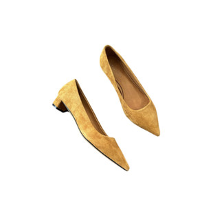 德芙琳鹿皮低跟尖头浅口单鞋女高丝光羊反绒气质配裙子百搭女鞋夏