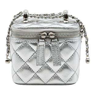 小香风双金球盒子包女银色小方包高级感菱格链条包单肩斜挎口红包