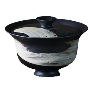 景德镇马蹄形复古盖碗可悬停手工化妆土陶瓷功夫茶具黑白水墨粗陶