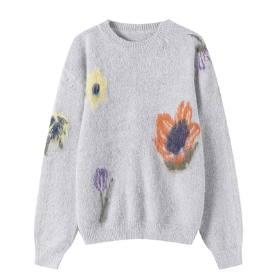 花卉撞色提花针织休闲毛衣可爱圆