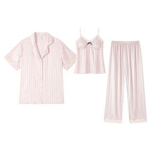 冰丝睡衣女春秋性感吊带三件套带胸垫短袖丝绸2026新款家居服夏季