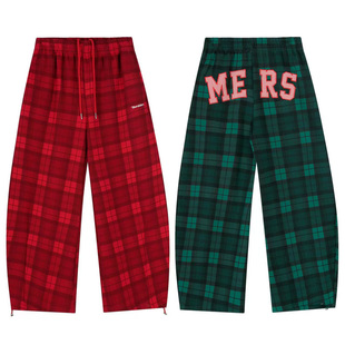 15GET 美式街头刺绣贴布格纹松紧腰阔腿裤休闲运动百搭长裤男女