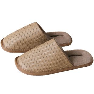 韩泰达编织纹牛筋底家居拖鞋女秋冬新款时尚防滑高级感皮面棉拖鞋