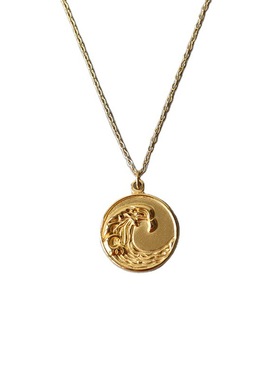 海浪浮雕圆形钛钢镀18K金项链