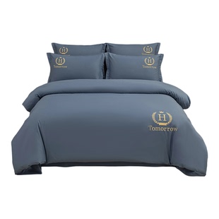 轻奢酒店风全棉纯棉床上四件套男生蓝色被罩床单床笠款高级感床品