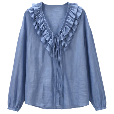 法式苎麻荷叶边蓝色长袖衬衫女