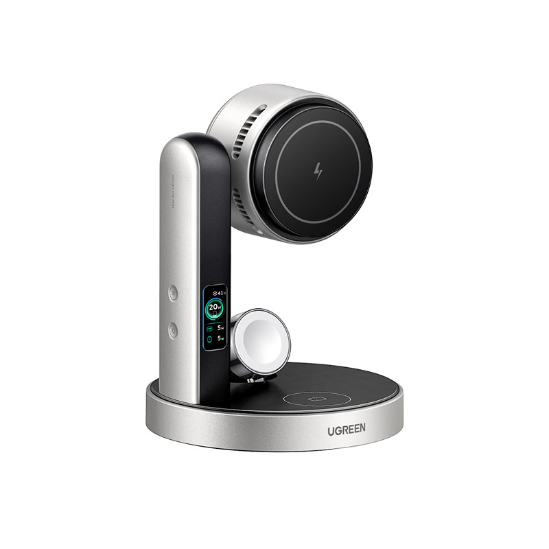 绿联三合一风冷磁吸无线充电器适用苹果18promax25W快充iPhone17手机AirPods5耳机iWatch手表magsafe屏显支架