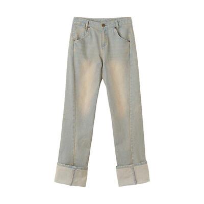 SCULPTOR 春夏韩版贴绣低腰翻脚边牛仔裤女卷裤脚宽松直筒阔脚裤