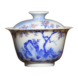 茶与器景德镇小桥窑青花釉上彩绘水调歌头茶具史来钟茶杯盖碗壶承