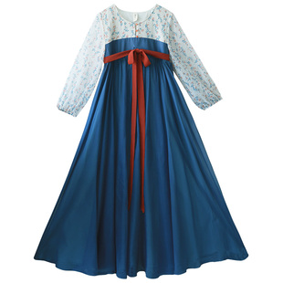 【素雪襦】复古印花系带襦裙女春季轻薄飘逸碎花连衣裙圆领蓝裙子