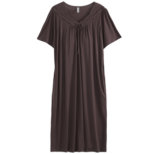 芬腾可安夏季薄款女莫代尔睡裙宽松性感过膝带胸垫睡衣短袖连衣裙