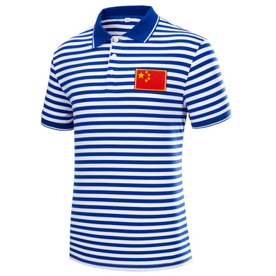 夏季男翻领短袖蓝白条纹海军衫