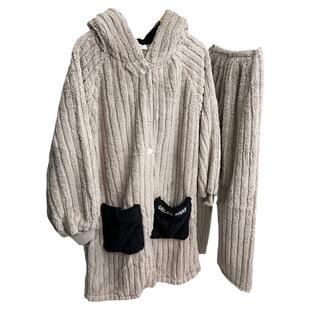 情侣款!厚实暖和!外贸男士秋冬珊瑚绒两件套家居服中长款睡衣潮