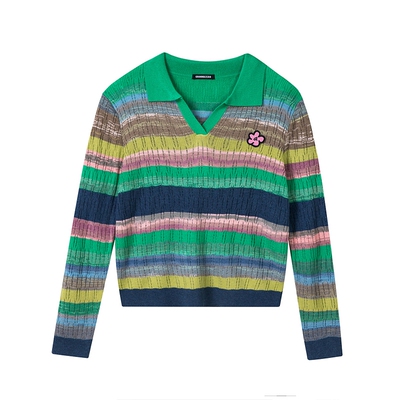 itGROUNDZERO新春休闲修身时尚彩虹条纹绿色镂空POLO领针织衫打底