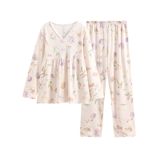 芬腾女士睡衣春秋季纯棉长袖V领套头套装女款休闲大码全棉家居服