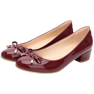 酒红色单鞋蝴蝶结中跟真皮圆头婚鞋粗跟平底鞋夏特小码女鞋313233