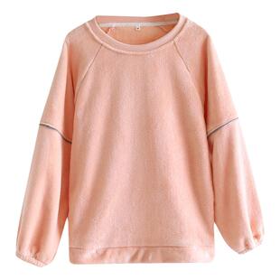 冬季女士睡衣上衣单件加厚法兰绒保暖珊瑚绒简约纯色圆领套头上装