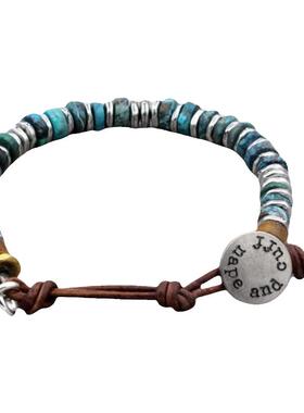 男士部落天然绿松石串珠皮革手链