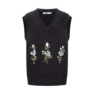 LILY2026春新款女装含羊毛格雷系提花灰色v领无袖针织衫马甲背心